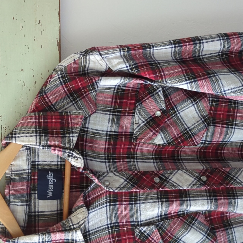 WRANGLER I Lightweight Red Plaid Flannel Pearl Snap Collared Shirt Top, XL